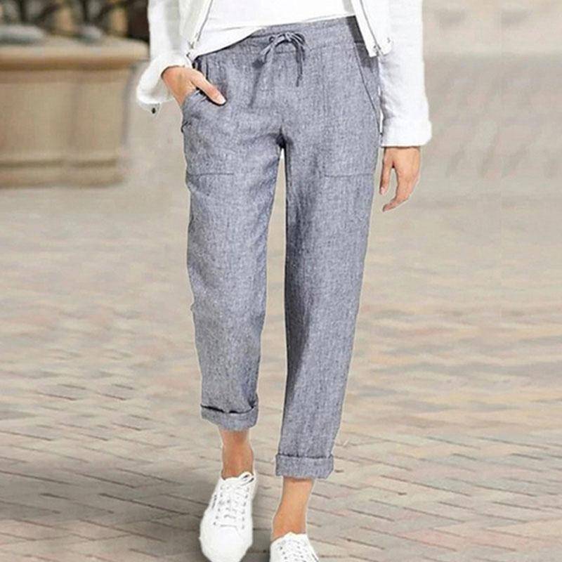 Damen Casual Baumwolle Leinen Hose Damen Frühling Sommer Hohe Taille Elastische Knöchellange Hose Weibliche Feste Taschen Haremshose M grau von Joom DACH