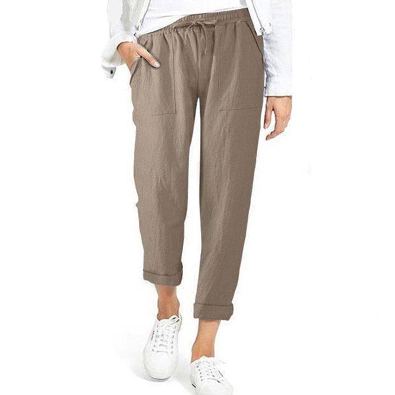 Damen Casual Baumwolle Leinen Hose Damen Frühling Sommer Hohe Taille Elastische Knöchellange Hose Weibliche Feste Taschen Haremshose XXL khaki von Joom DACH