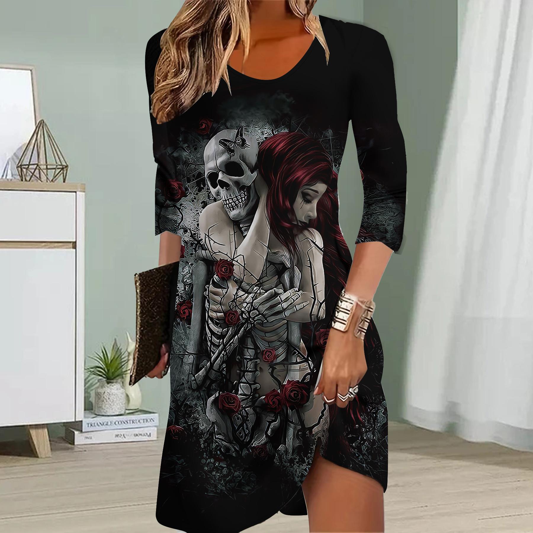 Damen Casual Dress Herbst Totenkopf Print Kleider für Frauen O-Ausschnitt Kurzarm Kleid Plus Size L schwarz von Joom DACH