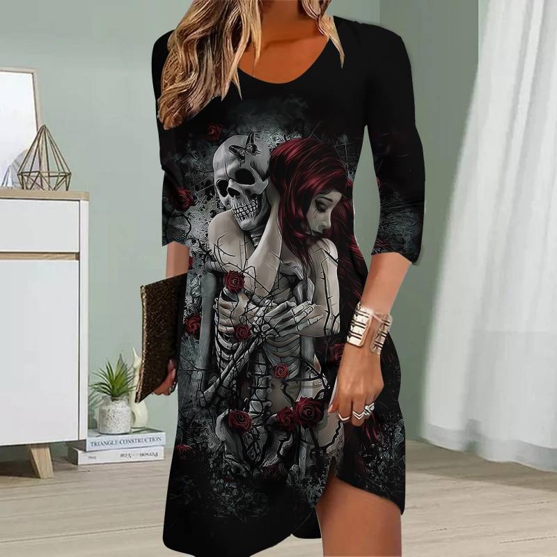 Damen Casual Dress Herbst Totenkopf Print Kleider für Frauen O-Ausschnitt Kurzarm Kleid Plus Size L schwarz von Joom DACH
