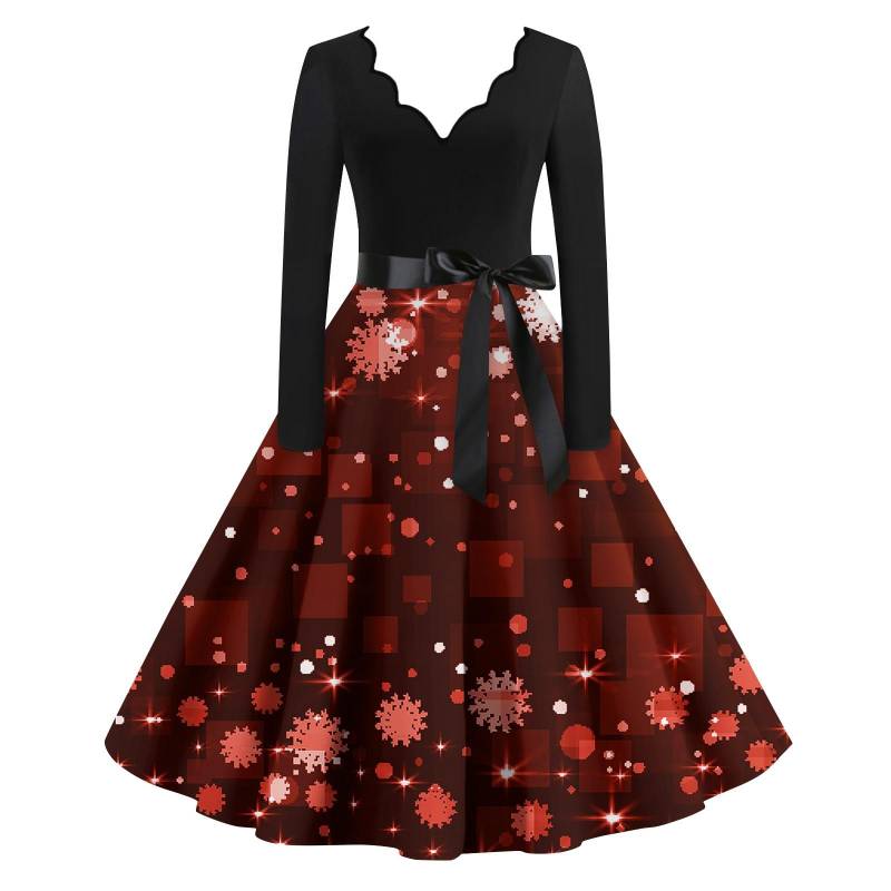 Damen Casual Fashion Langarm Weihnachten Grafik Bedruckte Vintage Lange Kleider L weinrot von Joom DACH