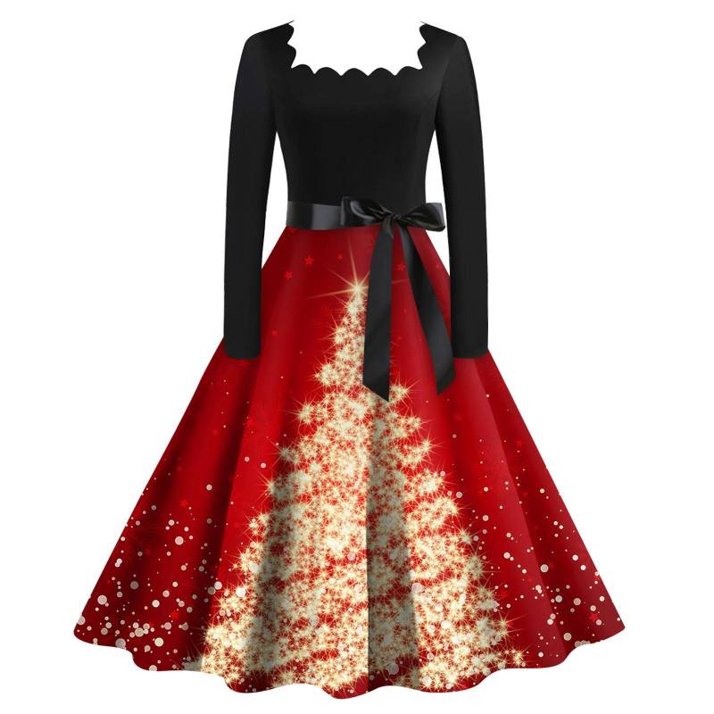 Damen Casual Fashion Weihnachtsbaum Print Langarm Kleid Cutout Party Casual Square Neck Kleid M gold von Joom DACH