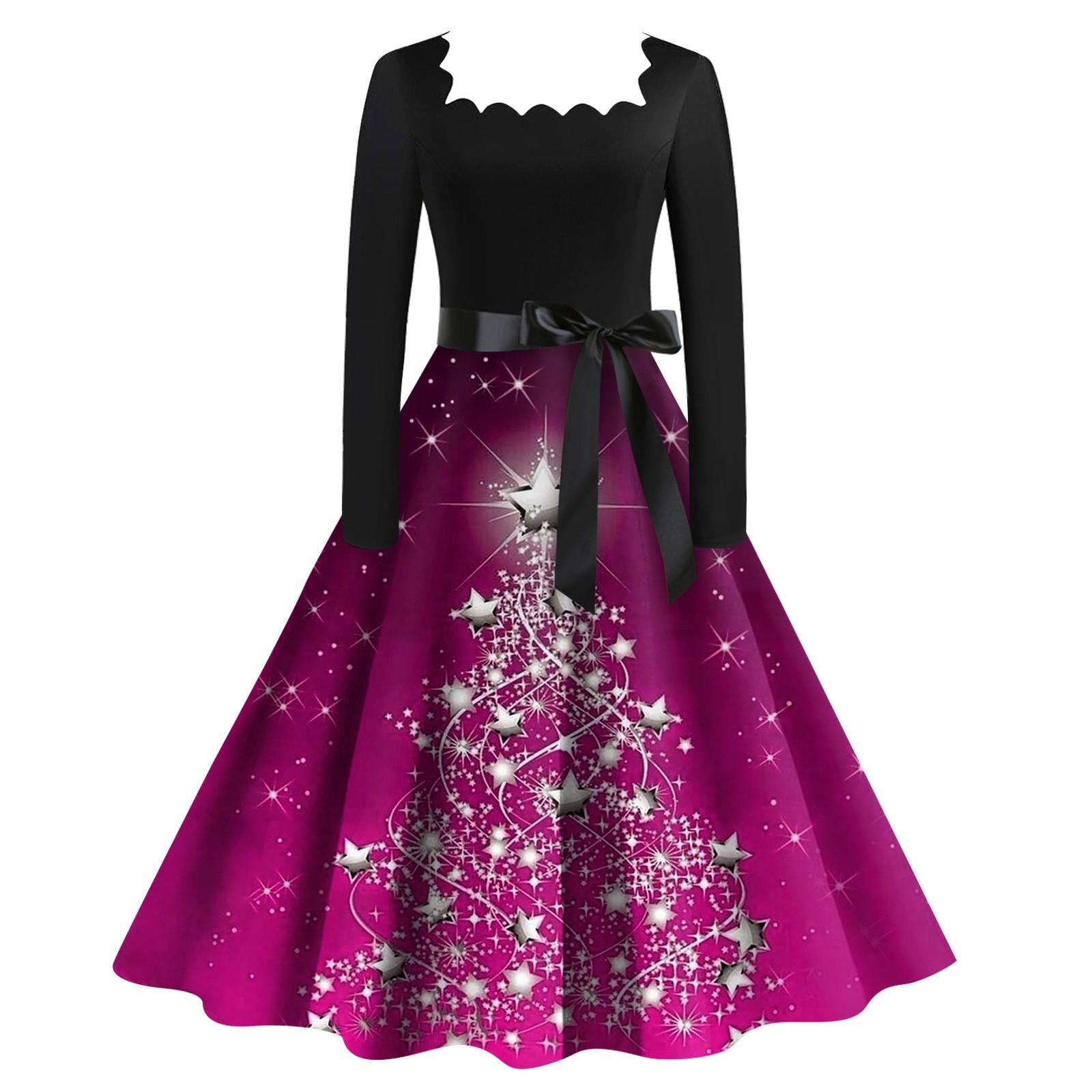 Damen Casual Fashion Weihnachtsbaum Print Langarm Kleid Cutout Party Casual Square Neck Kleid XXL von Joom DACH