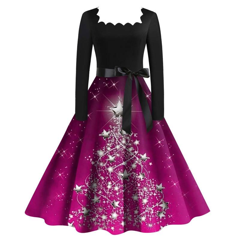 Damen Casual Fashion Weihnachtsbaum Print Langarm Kleid Cutout Party Casual Square Neck Kleid XXL von Joom DACH