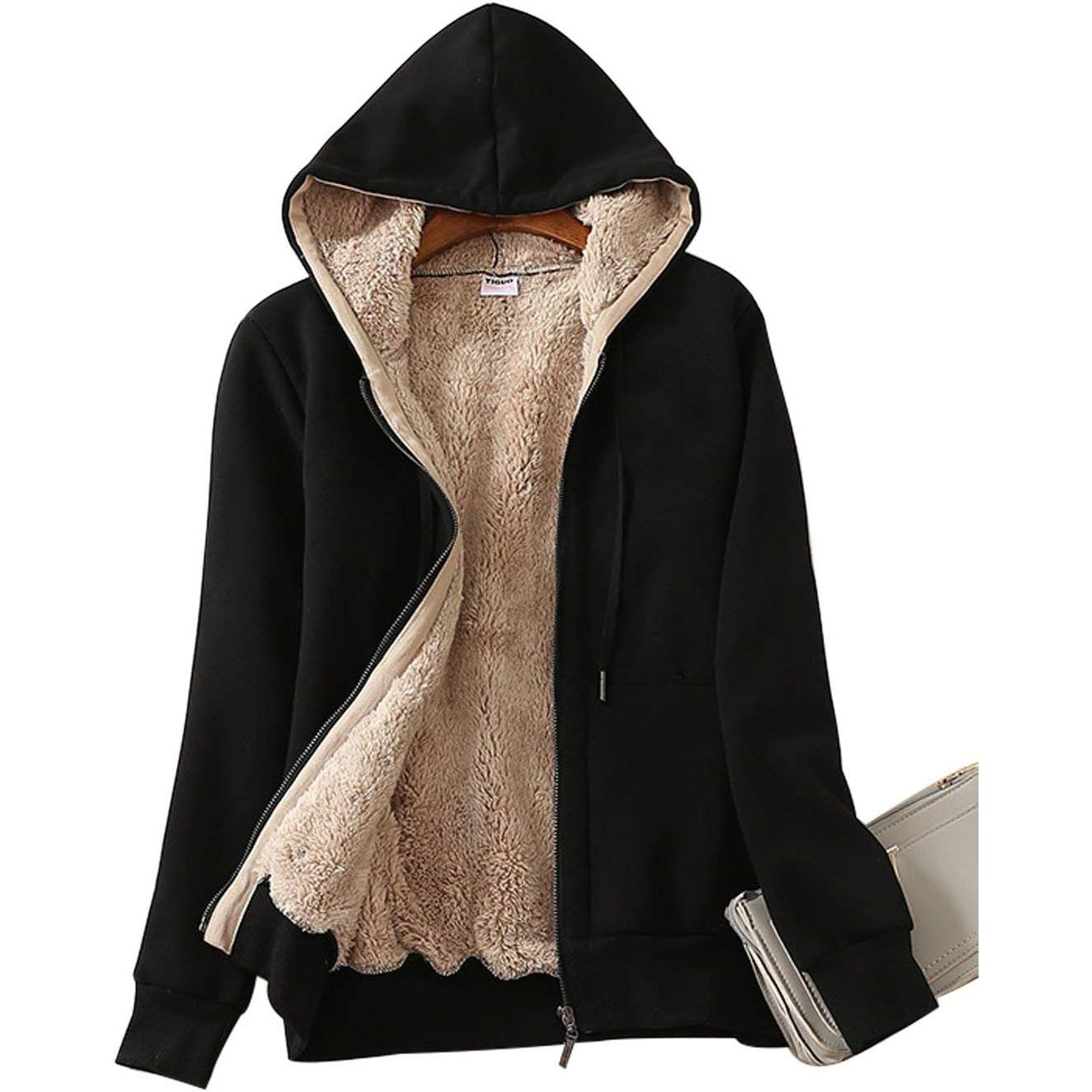 Damen Casual Full Zip Up Sherpa Gefüttert Hoodie Sweatshirt Jacke Plus Größe Plüsch Mantel M schwarz von Joom DACH