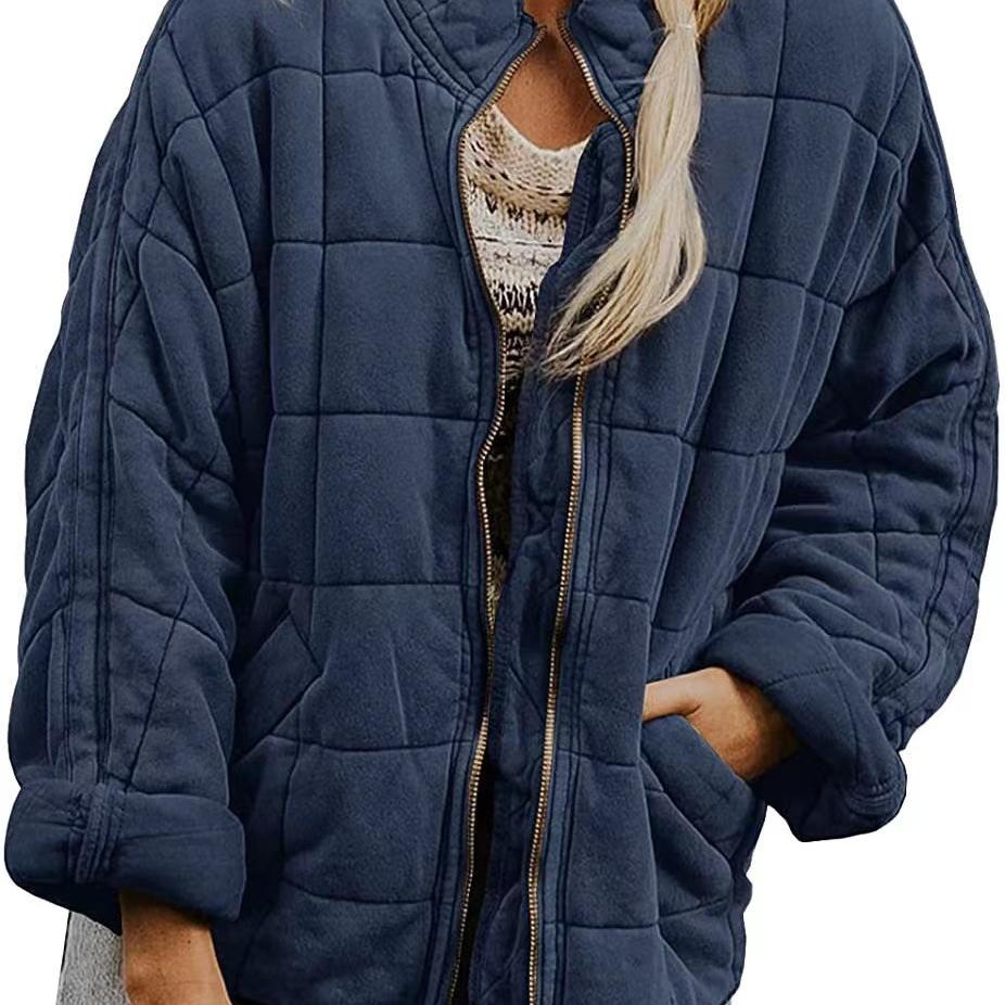 Damen Casual Leichte Steppjacke Langarm Übergroßer warmer Wintermantel mit Reißverschluss und Taschen L dunkelblaue von Joom DACH