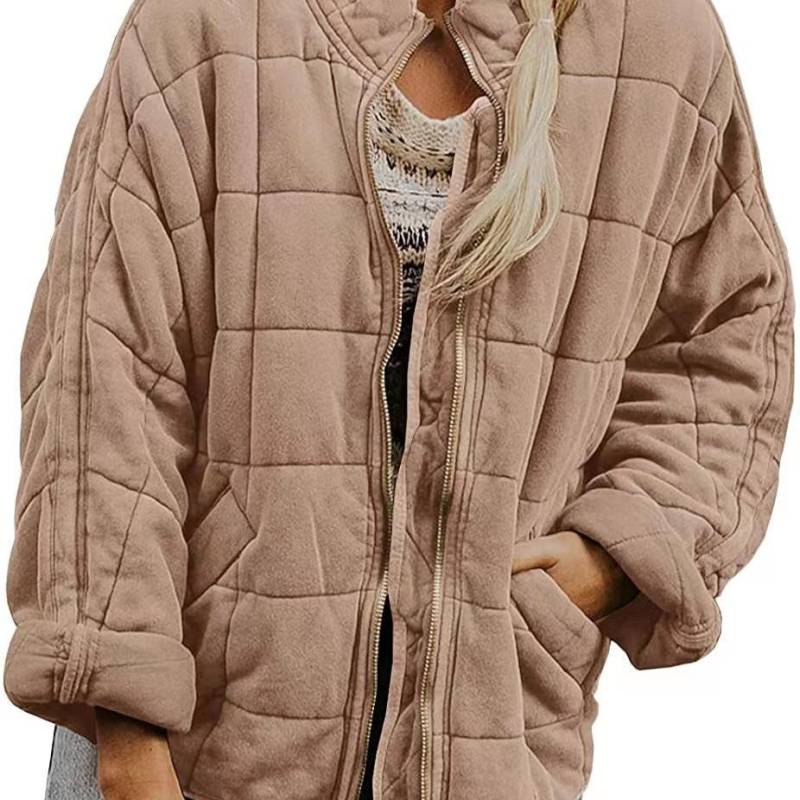 Damen Casual Leichte Steppjacke Langarm Übergroßer warmer Wintermantel mit Reißverschluss und Taschen XL khaki von Joom DACH