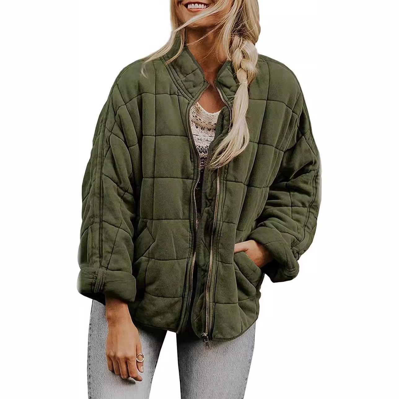 Damen Casual Leichte Steppjacke Langarm Übergroßer warmer Wintermantel mit Reißverschluss und Taschen XXL armee grüne von Joom DACH