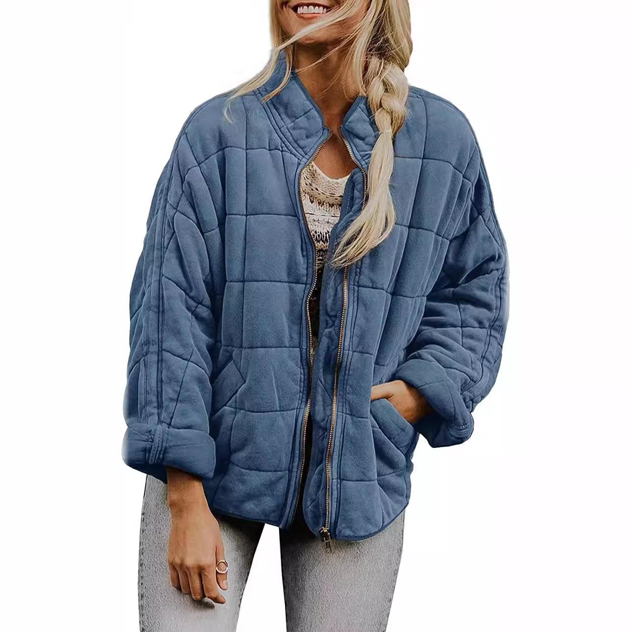 Damen Casual Leichte Steppjacke Langarm Übergroßer warmer Wintermantel mit Reißverschluss und Taschen XXL blau von Joom DACH