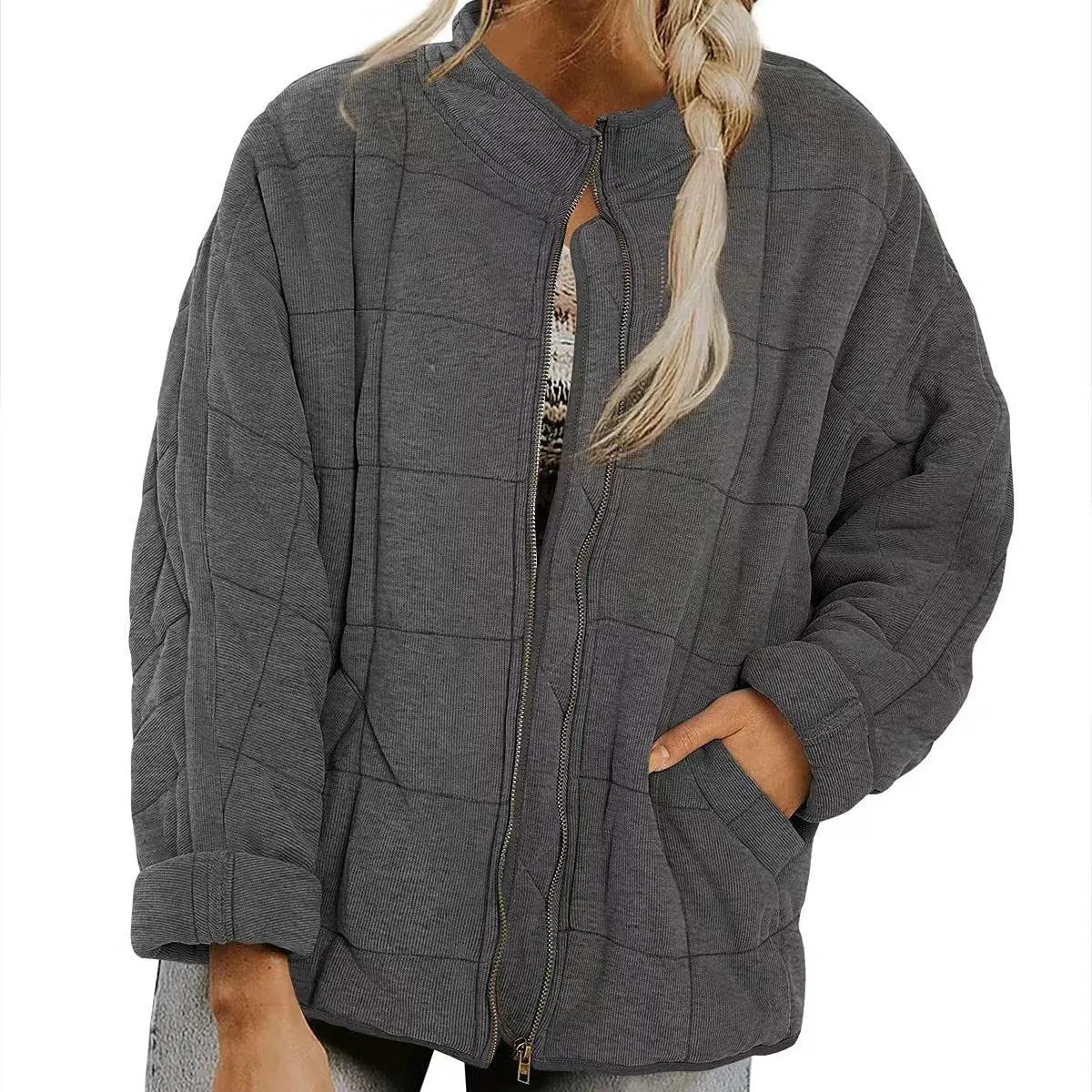 Damen Casual Leichte Steppjacke Langarm Übergroßer warmer Wintermantel mit Reißverschluss und Taschen XXL grau von Joom DACH