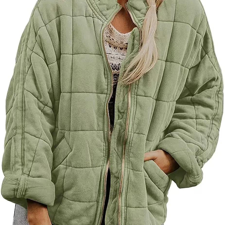 Damen Casual Leichte Steppjacke Langarm Übergroßer warmer Wintermantel mit Reißverschluss und Taschen XXL grün von Joom DACH