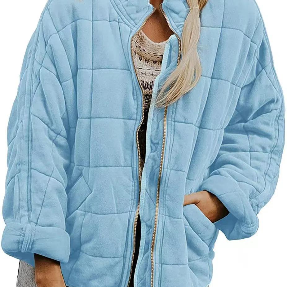 Damen Casual Leichte Steppjacke Langarm Übergroßer warmer Wintermantel mit Reißverschluss und Taschen XXL hellblaue von Joom DACH