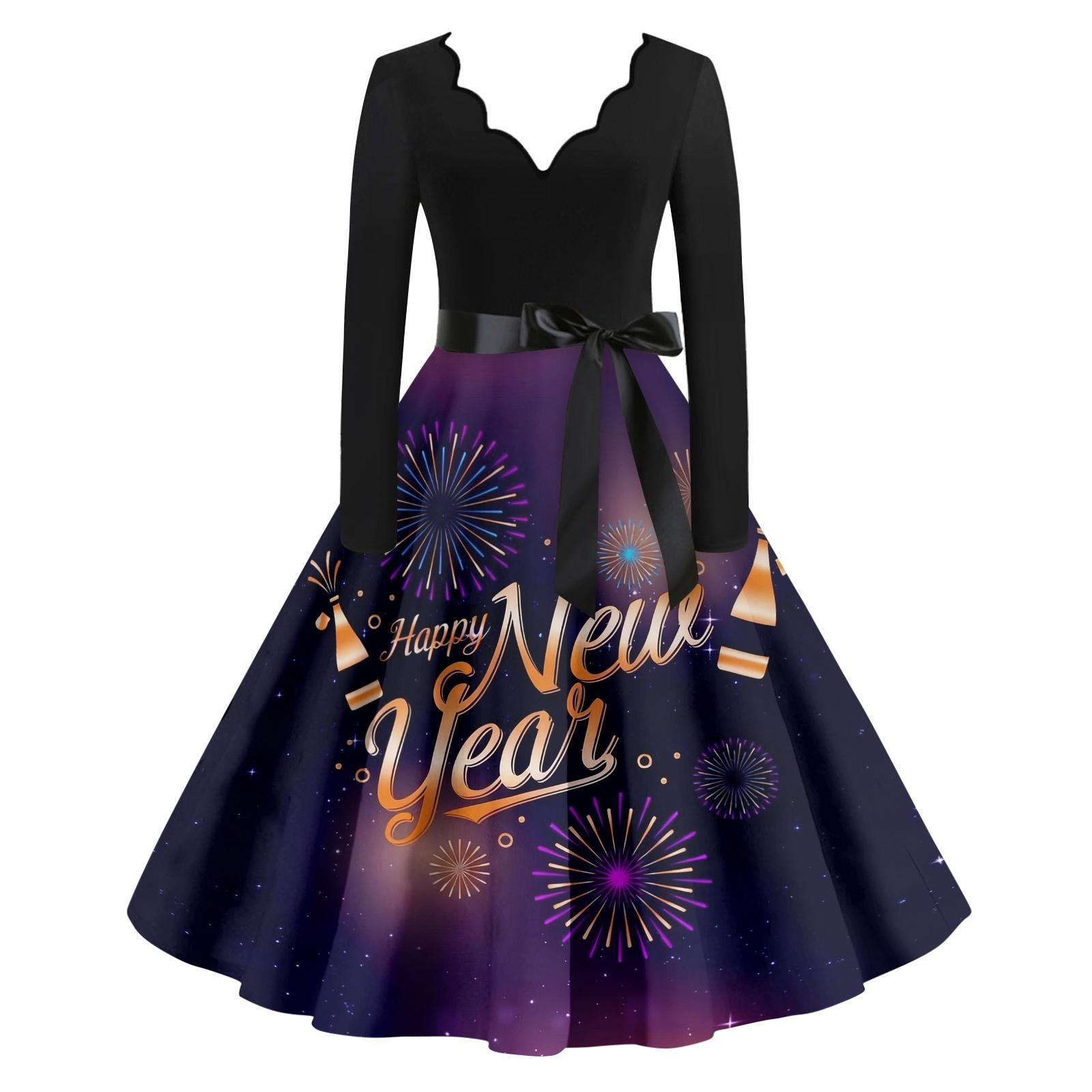 Damen Casual Mode Neujahr Bedrucktes V-Ausschnitt Vintage Kleid L violett von Joom DACH