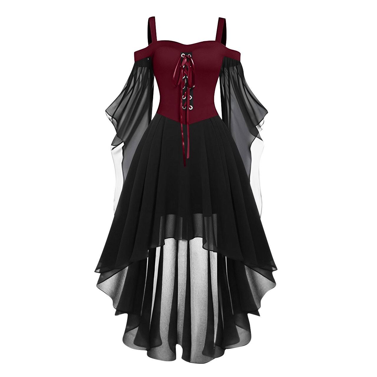 Damen Casual Plus Size Cold Shoulder Kleid Einfarbig Chiffon Schmetterlingsärmel Gothic Kleid L weinrot von Joom DACH