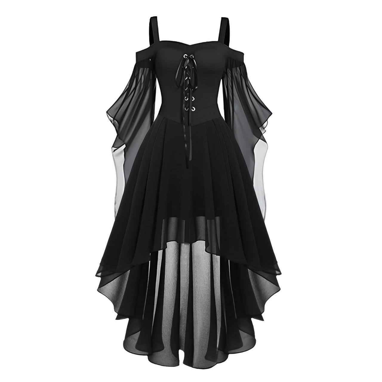 Damen Casual Plus Size Cold Shoulder Kleid Einfarbig Chiffon Schmetterlingsärmel Gothic Kleid S schwarz von Joom DACH