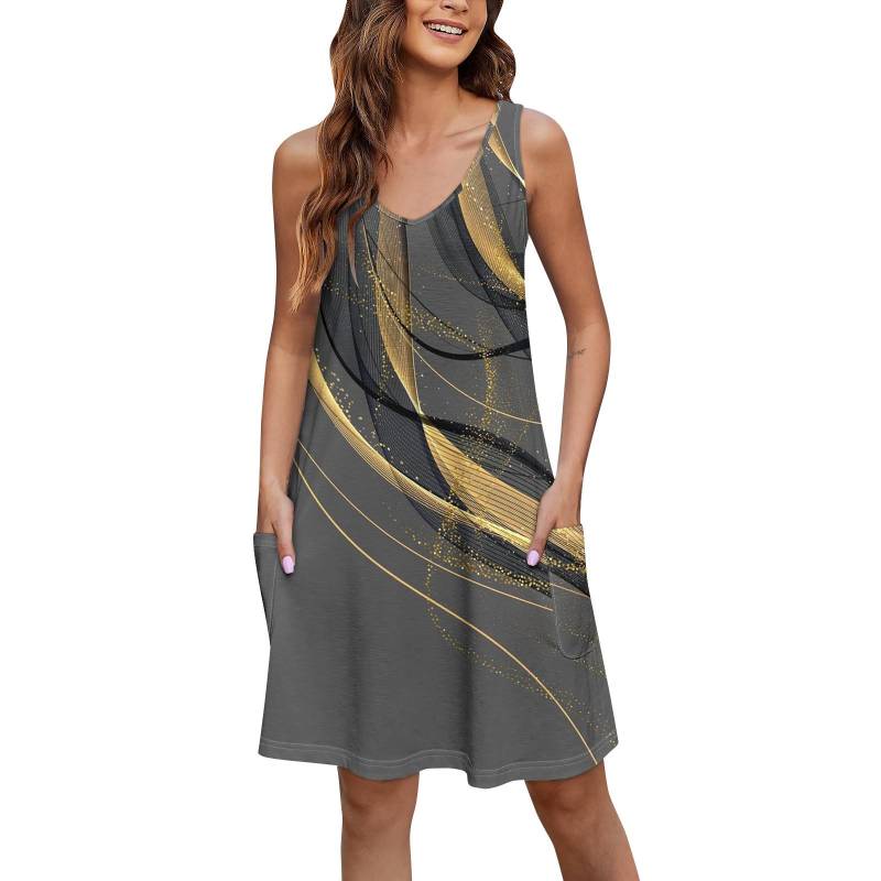 Damen Casual Print Sommer Bohemian Strandkleid mit Taschen V-Ausschnitt Tank Kleid XL gold von Joom DACH