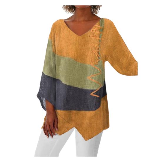 Damen Casual Tops V-Ausschnitt Langarm Mittellanges Shirt Farbblock Lockere Passform Unregelmäßiger Saum Bedrucktes T-Shirt Freizeit Alltagsoberteile XXXL gelb von Joom DACH