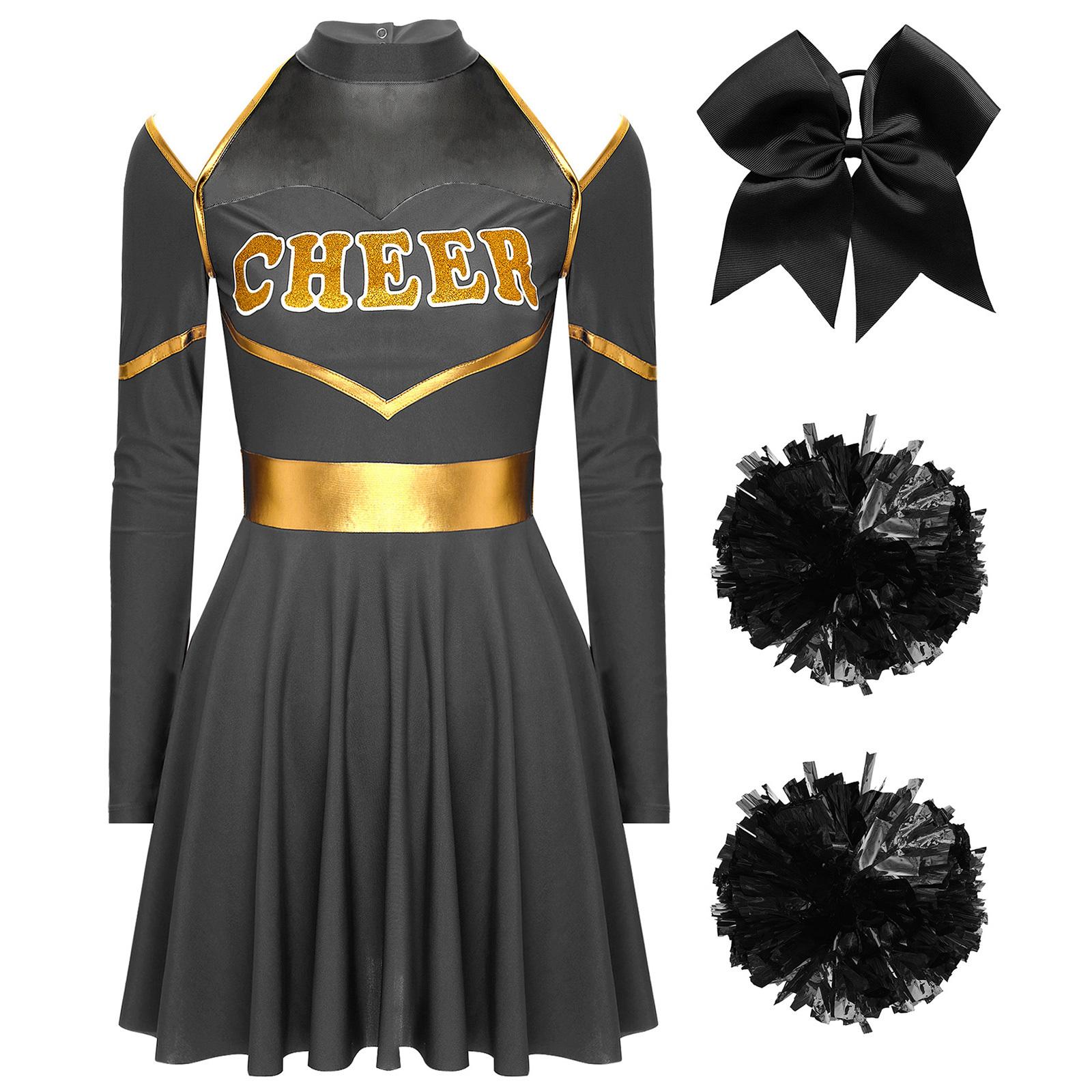 Damen Cheerleader Kostüm Kalte Schulter Kleid Schleifenakzent Haarband Accessoires M schwarz von Joom DACH