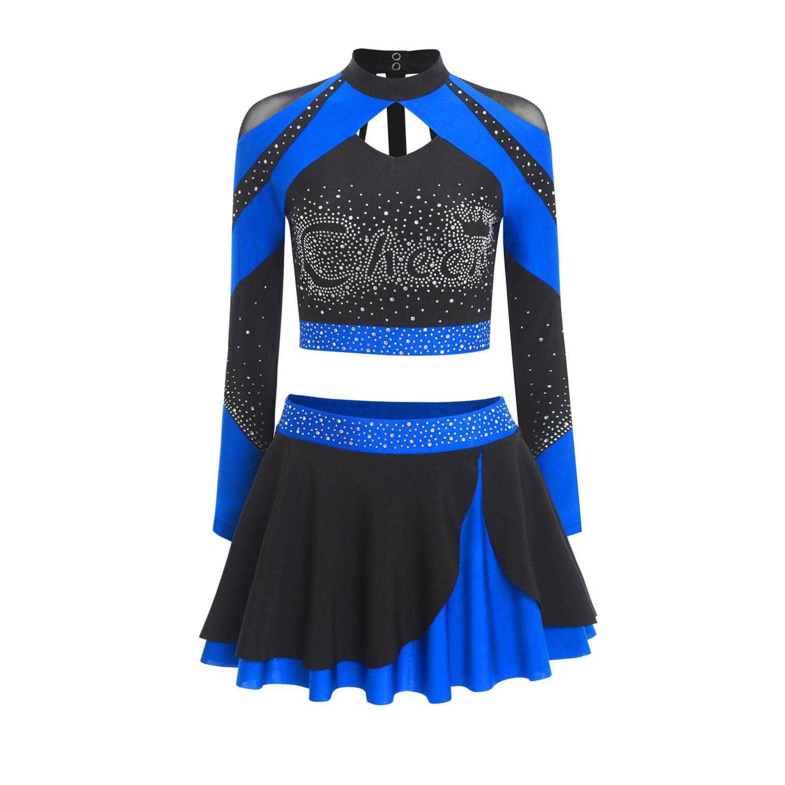 Damen Cheerleading-Outfit Langarm Ausgeschnittenes Crop-Top Skating-Rock Kontrastfarbe Strass Zweiteiliges Set L königsblau von Joom DACH