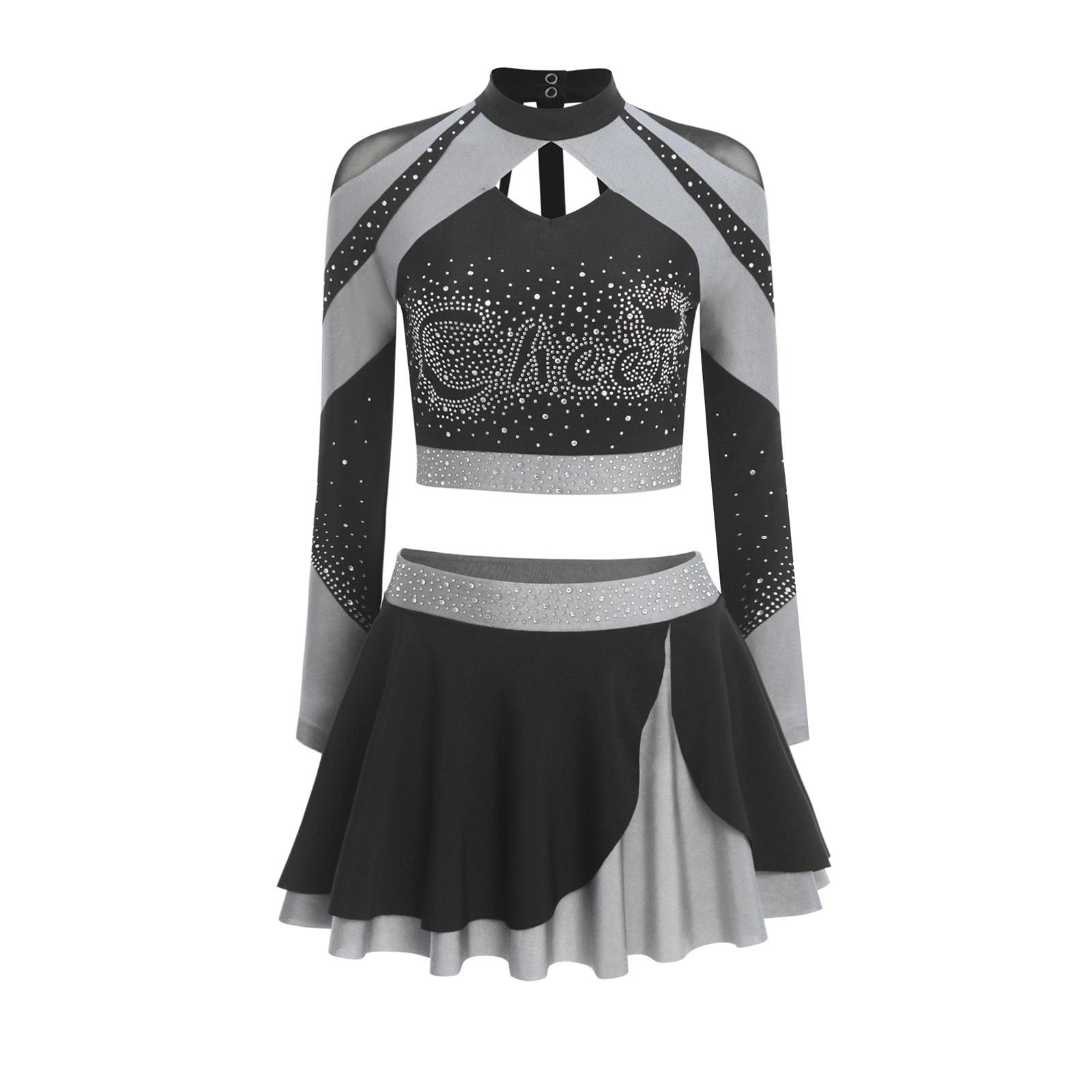 Damen Cheerleading-Outfit Langarm Ausgeschnittenes Crop-Top Skating-Rock Kontrastfarbe Strass Zweiteiliges Set S grau von Joom DACH