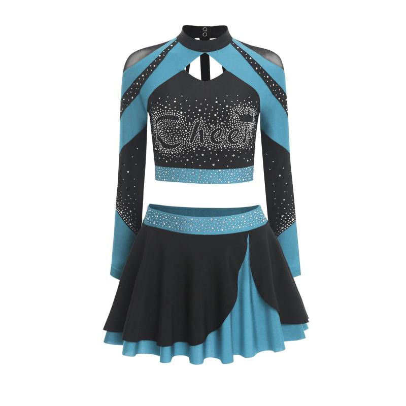 Damen Cheerleading-Outfit Langarm Ausgeschnittenes Crop-Top Skating-Rock Kontrastfarbe Strass Zweiteiliges Set XL himmelblaue von Joom DACH