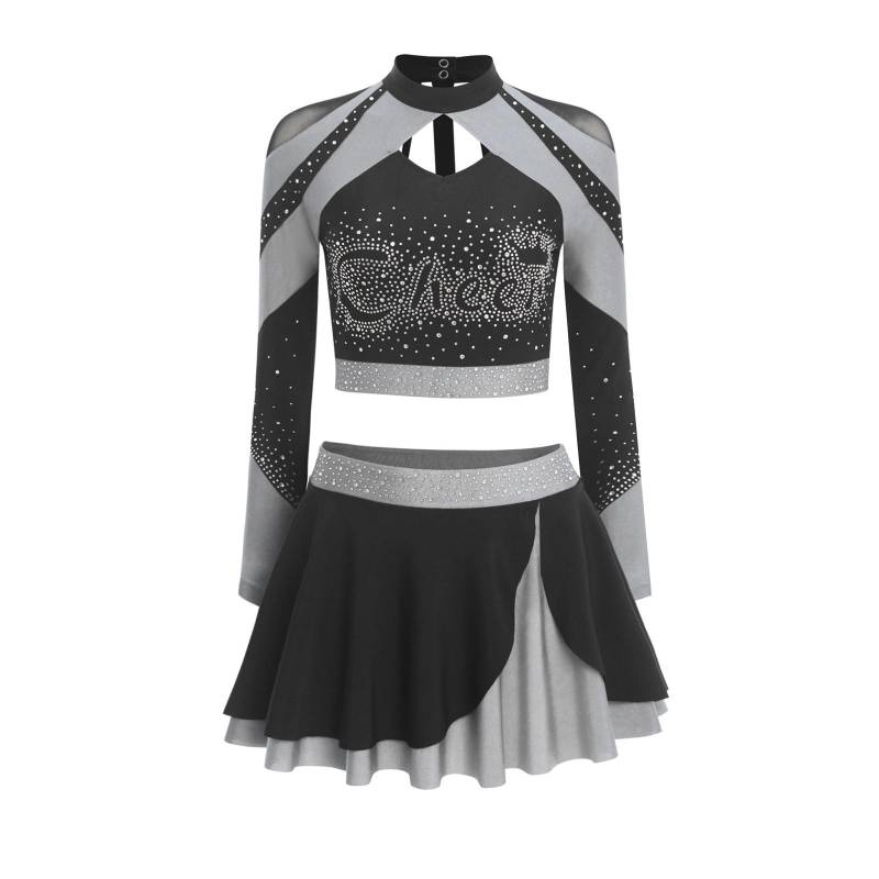 Damen Cheerleading Outfit Zweiteilig Langarm Ausgeschnittenes Crop Top Skaterrock Glitzer Strass Bekleidung S grau von Joom DACH