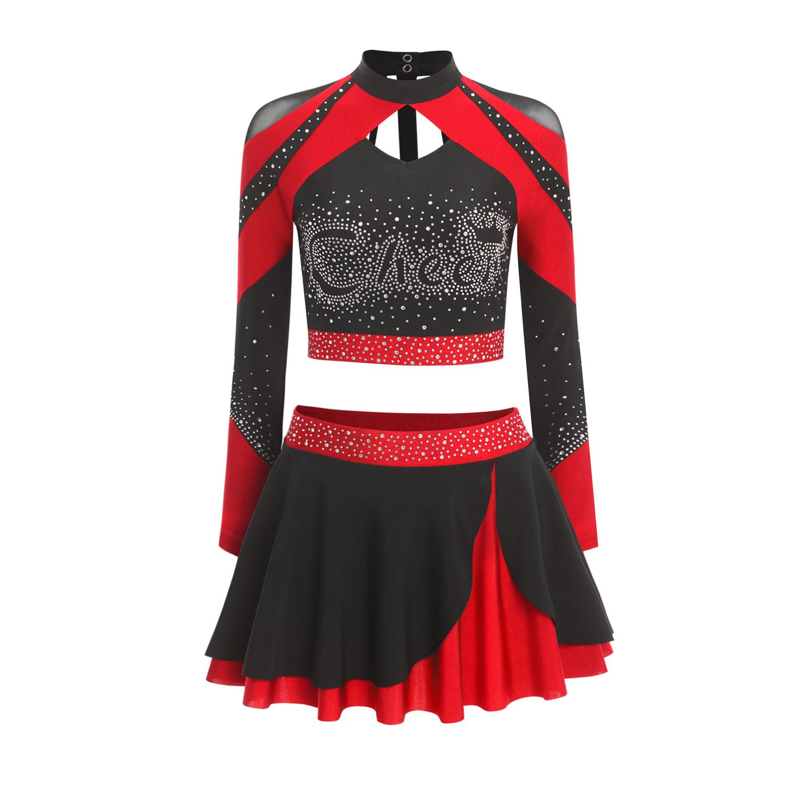 Damen Cheerleading Outfit Zweiteilig Langarm Ausgeschnittenes Crop Top Skaterrock Glitzer Strass Bekleidung S von Joom DACH