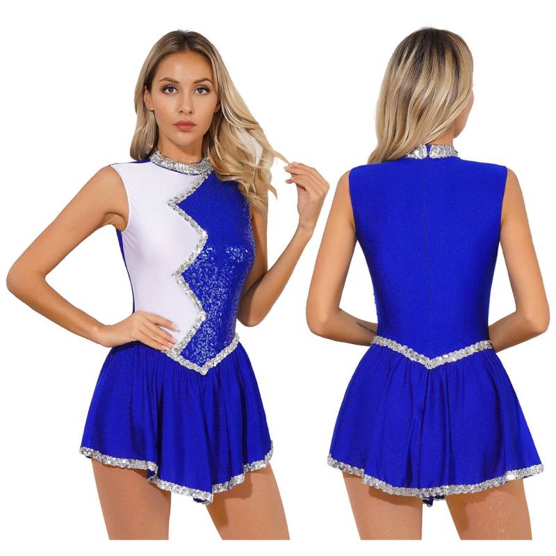 Damen Cheerleading-Uniform mit Glitzer-Pailletten, Cheerleader-Outfits, Eiskunstlauf-Tanzkleid, Performance-Kostüm S blau von Joom DACH