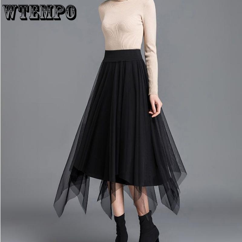 Damen Chic Zweiseitig tragbar Mesh Solid Halbrock Frühlingsmode Elegant Mittellang Unregelmäßig Schwarz Elastischer Faltenrock mit hoher Taille XXL schwarz von Joom DACH