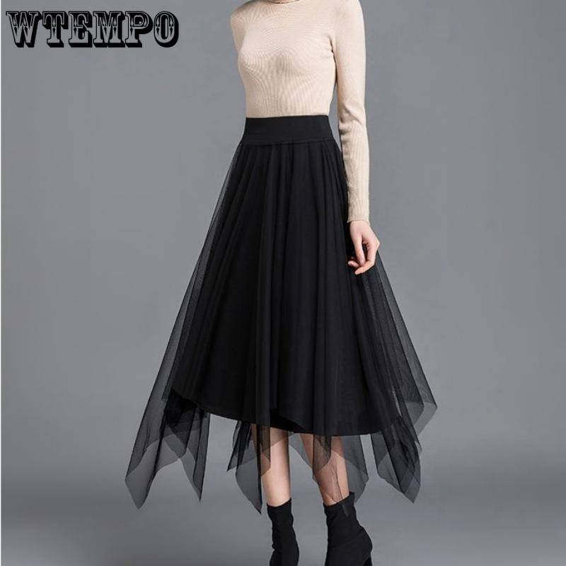 Damen Chic Zweiseitig tragbar Mesh Solid Halbrock Frühlingsmode Elegant Mittellang Unregelmäßig Schwarz Elastischer Faltenrock mit hoher Taille XXL schwarz von Joom DACH