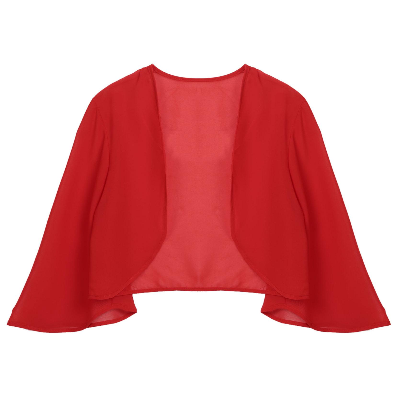 Damen-Chiffon-Bolero-Achseljacke, vorne offen, 3/4-Ärmel, kurze Strickjacke für Hochzeit, Party M rot von Joom DACH