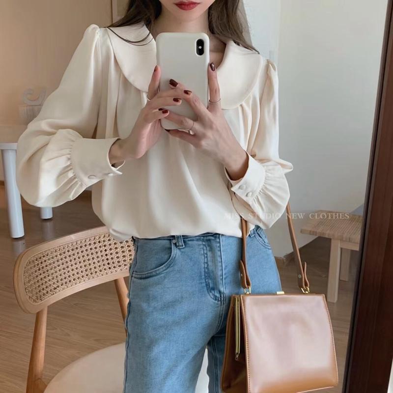 Damen-Chiffon-Hemd, Frühling und Sommer, französisches Retro-Bluse mit Puffärmeln, einfarbig, S-XL M apricot von Joom DACH