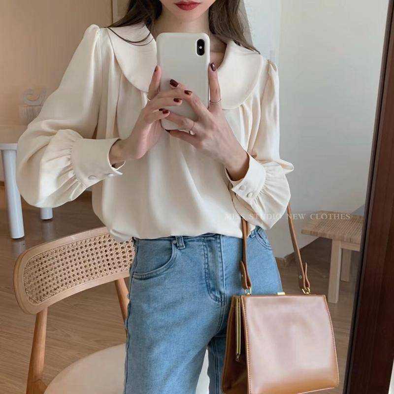 Damen-Chiffon-Hemd, Frühling und Sommer, französisches Retro-Bluse mit Puffärmeln, einfarbig, S-XL M apricot von Joom DACH