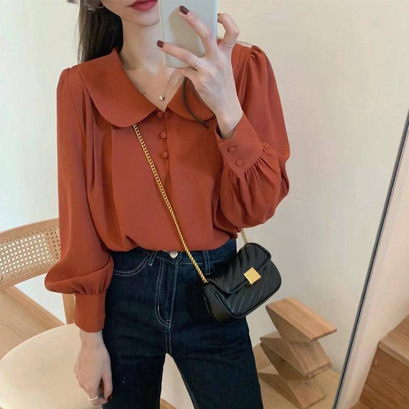 Damen-Chiffon-Hemd, Frühling und Sommer, französisches Retro-Bluse mit Puffärmeln, einfarbig, S-XL S bordeaux von Joom DACH