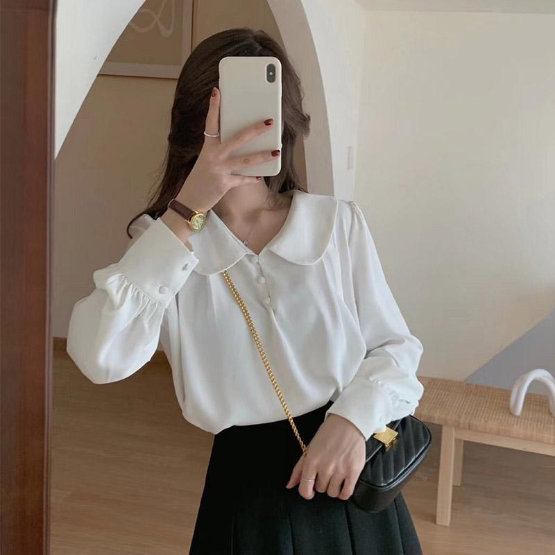 Damen-Chiffon-Hemd, Frühling und Sommer, französisches Retro-Bluse mit Puffärmeln, einfarbig, S-XL S weiß von Joom DACH