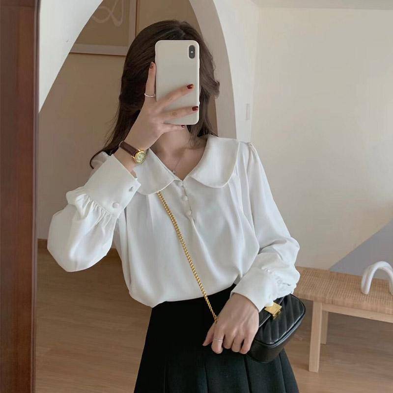 Damen-Chiffon-Hemd, Frühling und Sommer, französisches Retro-Bluse mit Puffärmeln, einfarbig, S-XL S weiß von Joom DACH