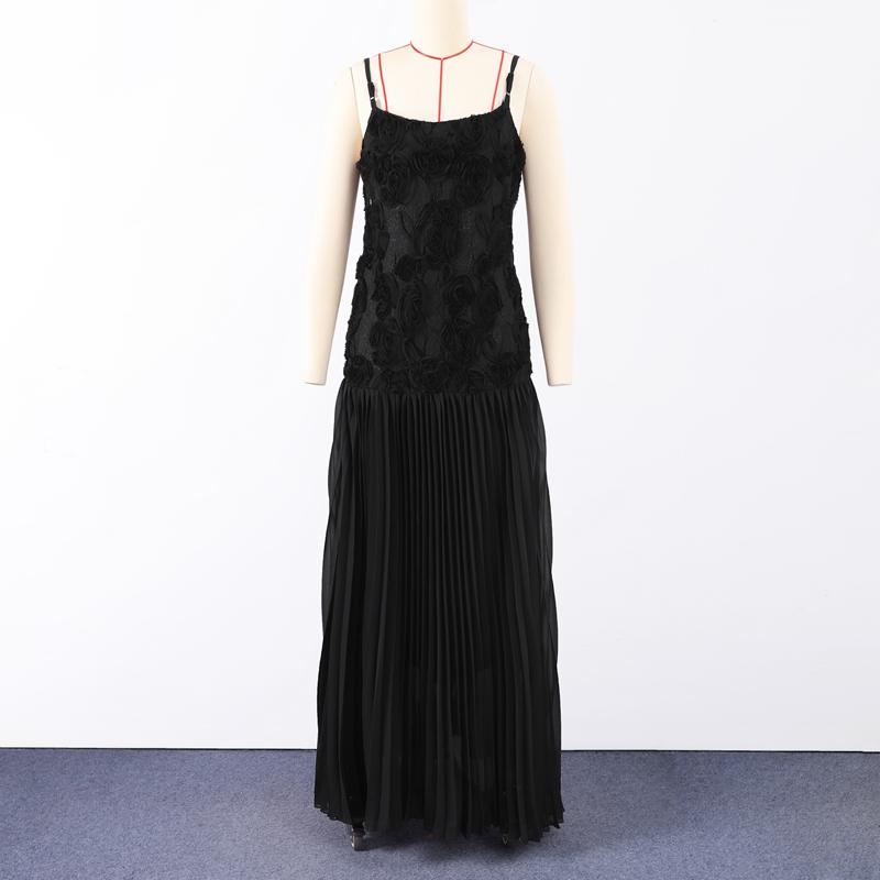 Damen Chiffonkleid Elegantes weißes rückenfreies 3D-Blumenträgerkleid Plissiertes A-Linien-Patchwork-Design Sommer Strandurlaub Robe Abend Vestidos Kleid L schwarz von Joom DACH