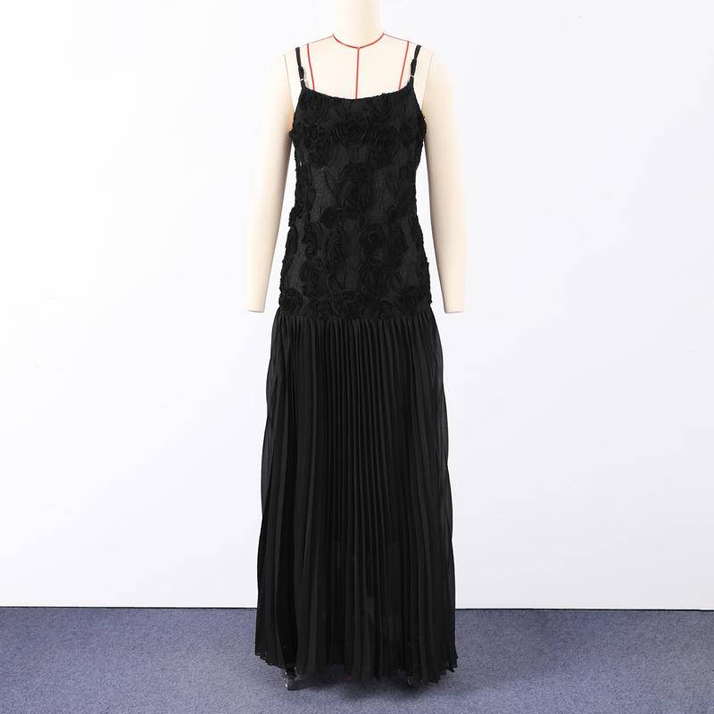 Damen Chiffonkleid Elegantes weißes rückenfreies 3D-Blumenträgerkleid Plissiertes A-Linien-Patchwork-Design Sommer Strandurlaub Robe Abend Vestidos Kleid L schwarz von Joom DACH