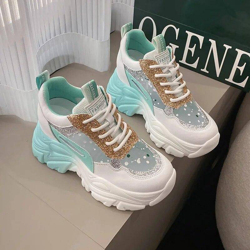 Damen Chunky Sneakers Atmungsaktives Mesh Freizeitschuhe 9cm Keilabsatz Plateauschuhe Chaussures Femme Sports Dad Schuhe 35 von Joom DACH