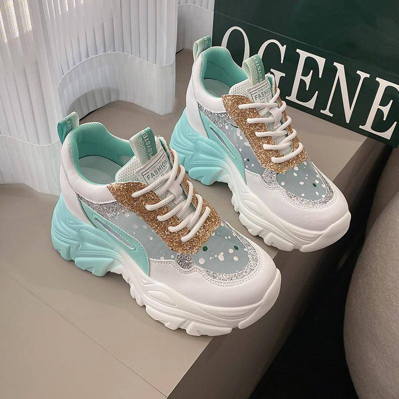 Damen Chunky Sneakers Atmungsaktives Mesh Freizeitschuhe 9cm Keilabsatz Plateauschuhe Chaussures Femme Sports Dad Schuhe 40 von Joom DACH