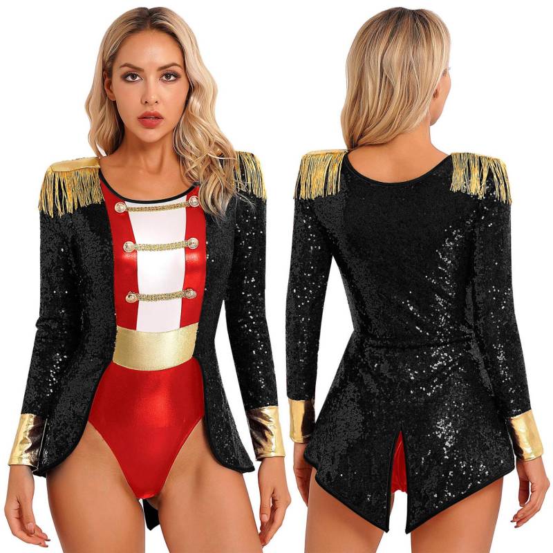 Damen Circus Ringmaster Cosplay Body Langarm Allover Pailletten Schwanz Overall Halloween Festival Kostüme M schwarz von Joom DACH