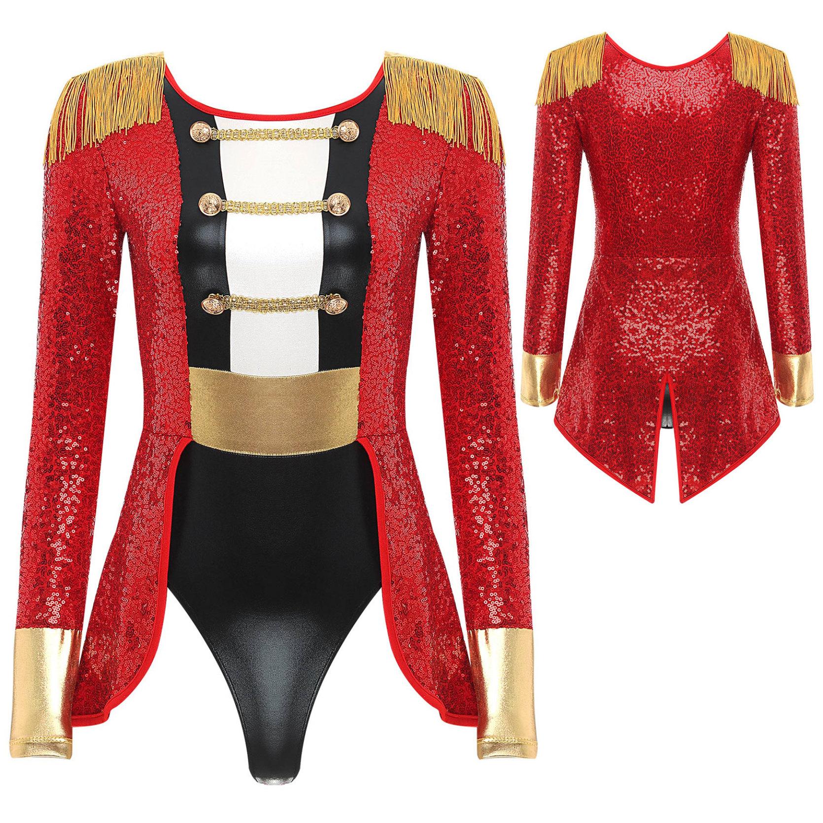Damen Circus Ringmaster Cosplay Body Langarm Allover Pailletten Schwanz Overall Halloween Festival Kostüme XL rot von Joom DACH