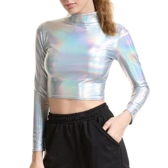 Damen Club Top Halbhoher Kragen Glänzende Oberfläche Schmaler, Taillenfreier, Einfarbiger Pullover Weicher, Atmungsaktiver Crop Top Für Pole Dance Performance Party L von Joom DACH