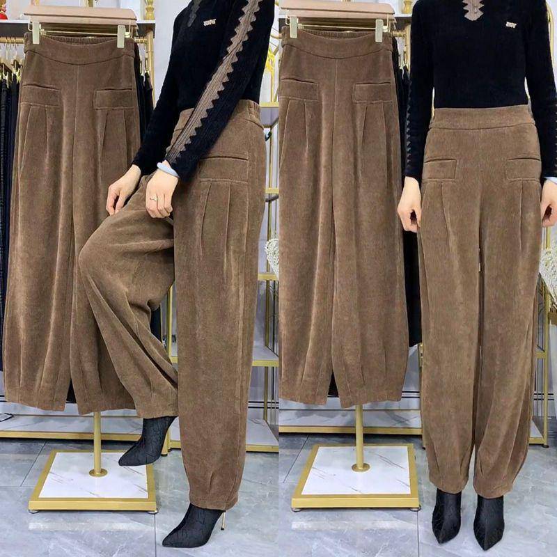 Damen Cord Chenille Haremshose mit hohem Bund - Locker, Große Größe, Herbst-/Winterstil. 2XL 130-145 lbs licht kaffee von Joom DACH