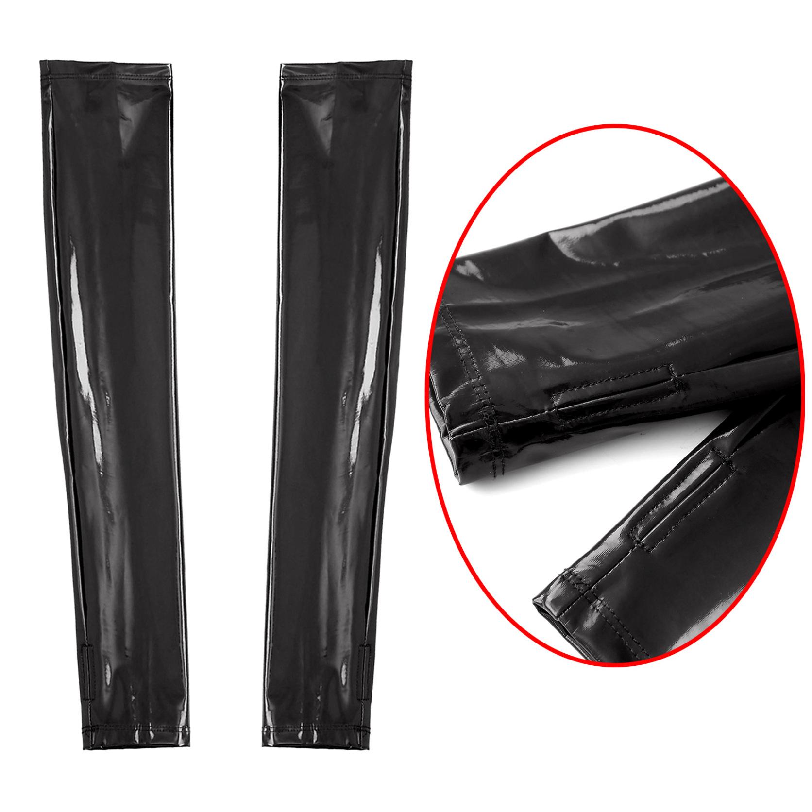 Damen Cosplay Nachtclub Party Kostüm Lange Feste Handschuhe Fingerlose Fäustlinge Glänzendes Leder Wet Look Oversleeve Clubwear Zubehör One Size schwarz von Joom DACH
