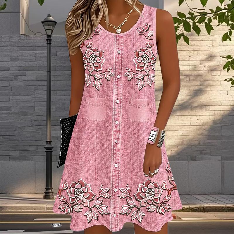 Damen Cowboy Bedrucktes Ärmelloses Rundhalskleid Locker Weich und Bequem Übergröße Kleid 4XL rosa von Joom DACH