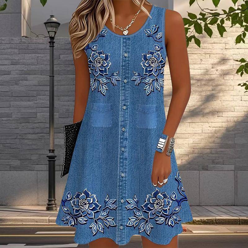 Damen Cowboy Bedrucktes Ärmelloses Rundhalskleid Locker Weich und Bequem Übergröße Kleid 8XL navy blau von Joom DACH