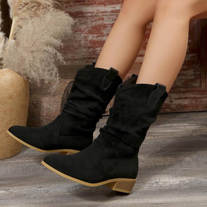 Damen-Cowboystiefel aus Wildlederimitat, rutschfest, bis zur Mitte der Wade, lässige Cowgirl-Stiefeletten, Herbst/Winter, Western-Stil, spitze Zehenpartie, klobiger Blockabsatz, zum Überziehen, Stiefel für Damen 38 schwarz von Joom DACH