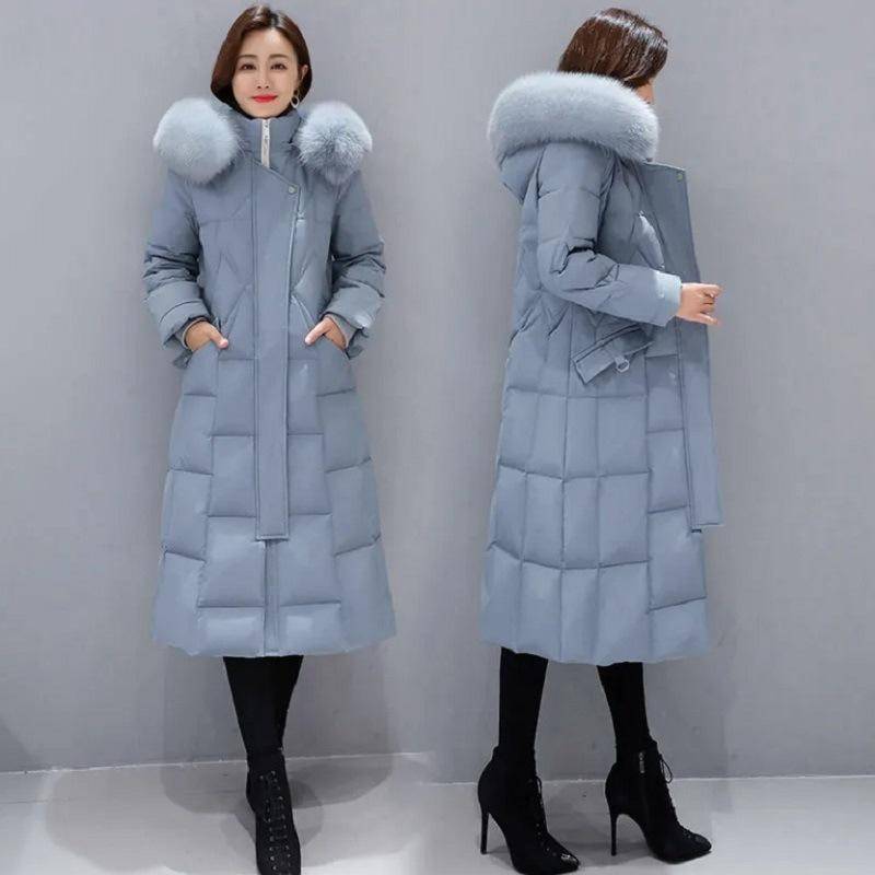 Damen Daunen-Baumwolljacke lang über dem Knie, modisch, schmal, großer haariger Kragen im langen Abschnitt, verdickte Winterjacke XXL blau von Joom DACH