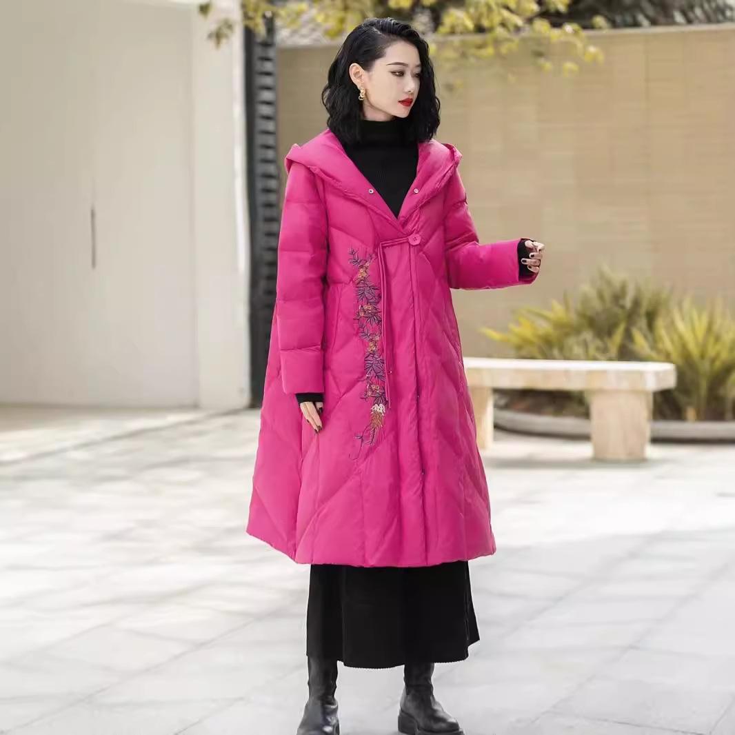 Damen Daunenjacke 2024 Winter Neue weiße Entendaunen Verdickte Kapuze Lose Koreanische Version Damen Daunenjacke Langer Mantel L von Joom DACH